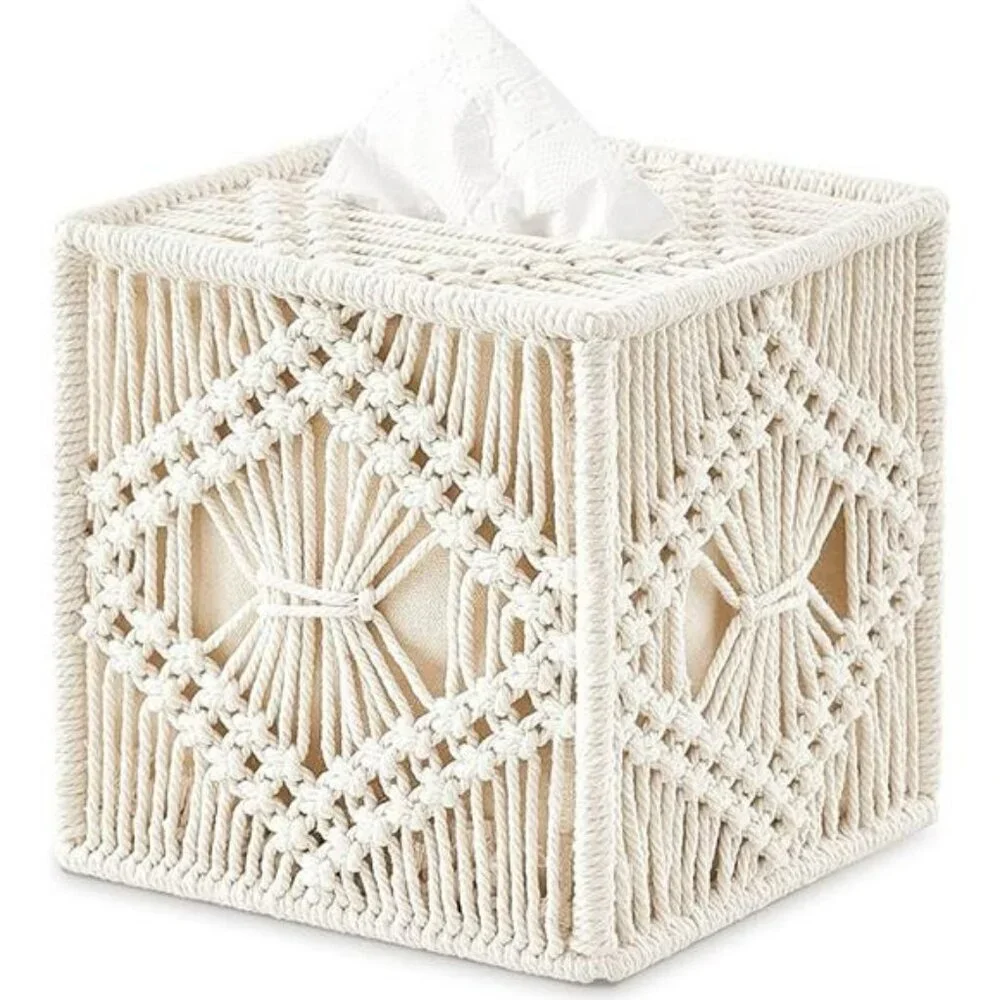 Macrame tissue box cover square woven boho tissue holder bathroom bedroom decor